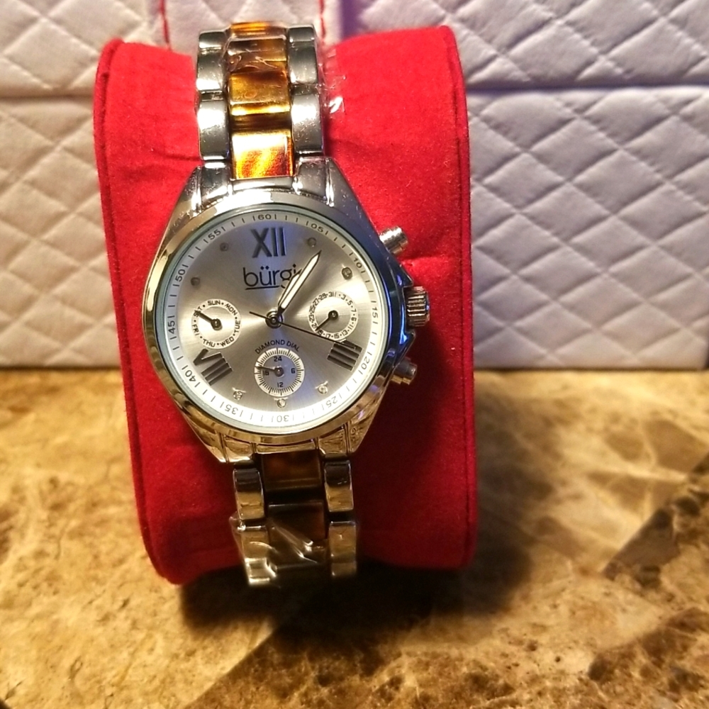 Burgi women's watch, diamond dial, water resistant, enameled tortoiseshell band